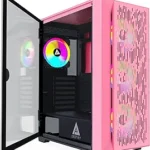 Apevia Destiny-Flow-PK Destiny Flow Mid Tower Gaming PC Case w/ 4X 120mm ARGB Fans, 366 RGB Light Modes, 1x Metal Flow Front Panel, 1x Door Swivel Style Magnetic Glass Side Panel, 2X USB3.0, Pink