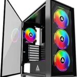 Apevia Genesis-BK Mid Tower Gaming PC Case w/ 4X 120mm ARGB Fans, 366 RGB Light Modes, 1x Glass Front Panel, 1x Door Swivel Style Magnetic Glass Side Panel, 2X USB 3.0, Black